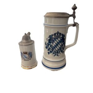 VINTAGE  BEER STEIN WITH PEWTER LID Erding, Germany Lithophane Light Blue